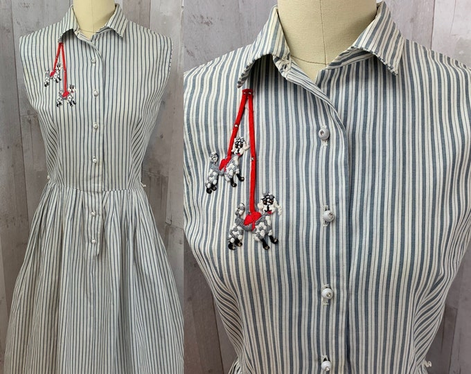 1940s Vintage Striped Day Dress~Gray/White Aline Pinup Rockabilly S/M