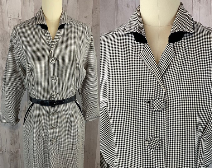 1940s Vintage Dress Shirtdress Black & White Check Wool WWII S/M