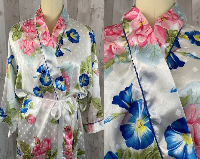 DIOR Vintage 1980s Christian Dior Satin Floral Robe Lingerie M/L
