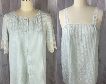 DIOR Vintage 1960s Nightgown/Robe 2PC Set Christian Dior Pintucked  Mint Green Cotton Lace Trim Small WOUNDED