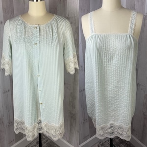 DIOR Vintage 1960s Nightgown/Robe 2PC Set Christian Dior Pintucked  Mint Green Cotton Lace Trim Small WOUNDED