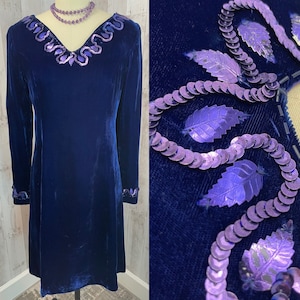 Vintage 1960s Blue/Purple Velvet Mod Mini DRESS w/Sequins Retro GoGo S/35B