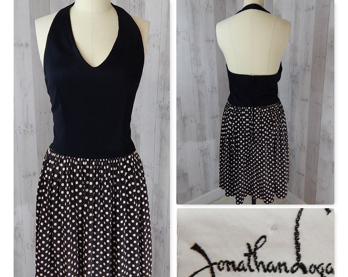 Jonathan Logan 1970s Vintage Halter Dress Black/Brown Fit Flare A-line w/Polka Dots Small