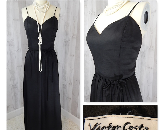 Victor Costa 1960s Vintage Hostess GOWN/DRESS~Jet Black Full Length Cocktail-Small