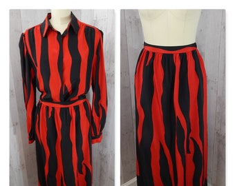 LILLI ANN 1970s Vintage 2PC Skirt/Top Outfit Cherry Red Black Stripes 1980s M