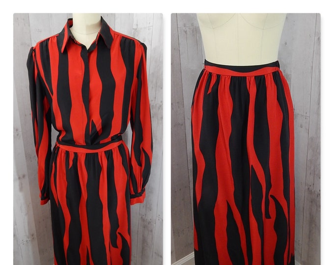 LILLI ANN 1970s Vintage 2PC Skirt/Top Outfit Cherry Red Black Stripes 1980s M