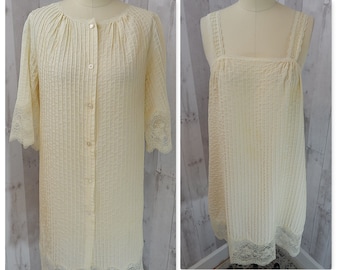 DIOR Vintage 1960s Nightgown/Robe 2PC Set Christian Dior Pintucked  Ivory Cotton Lace Trim Small