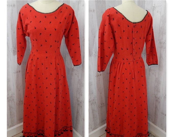 1930s Antique Cozy Flannel Gown~Red w/Black Floral Embroidery Tassel Details 1940s Vintage S/M