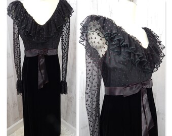 1960s Magnin VINTAGE Evening Gown~BLACK VELVET Polka Dot Ruffled Lace Small