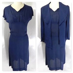 1930s Vintage Navy Blue DRESS/BOLERO JACKET Sheer Chiffon 2PC 1920s S As-Is