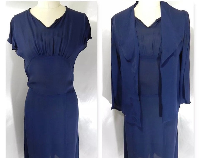 1930s Vintage Navy Blue DRESS/BOLERO JACKET Sheer Chiffon 2PC 1920s S As-Is
