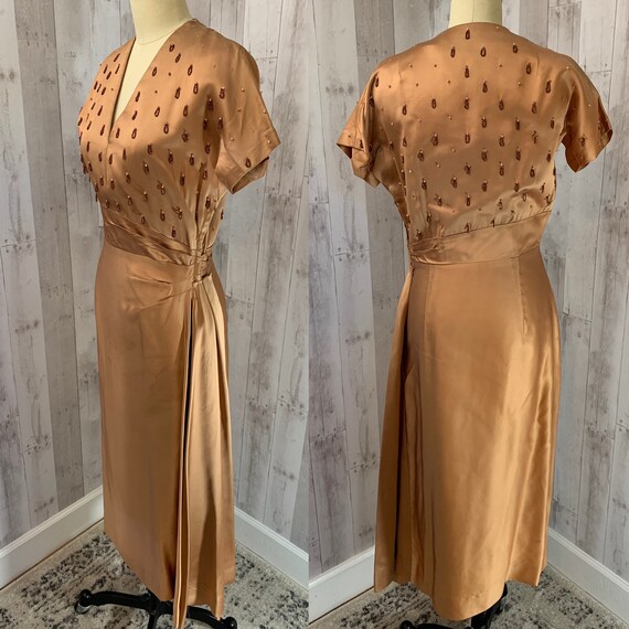 1940s Vintage Copper Liquid Satin Party Dress S/M… - image 2