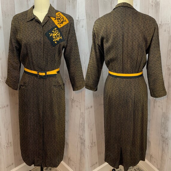 1940s Vintage DRESS~Brn/Blk Appliqué Sheath Pinup… - image 2