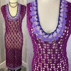 Vintage 1970s Dress Crochet Sheer GoGo Retro~Purple & Pink Mod Fashion~Small