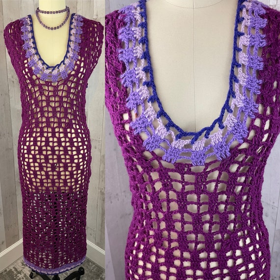 Vintage 1970s Dress Crochet Sheer GoGo Retro~Purp… - image 1