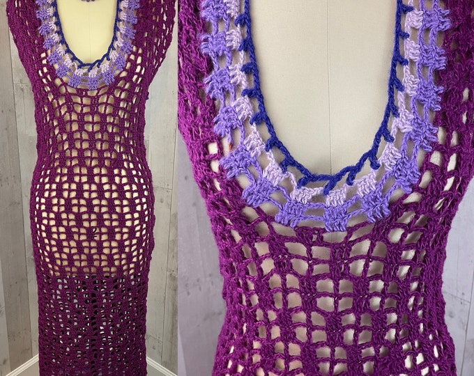 Vintage 1970s Dress Crochet Sheer GoGo Retro~Purple & Pink Mod Fashion~Small