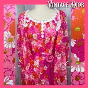 DIOR Vintage 1970s 2PC Christian Dior Mod Set Nightgown/Robe Hot Pink Small or Medium 1960s VERY RARE!