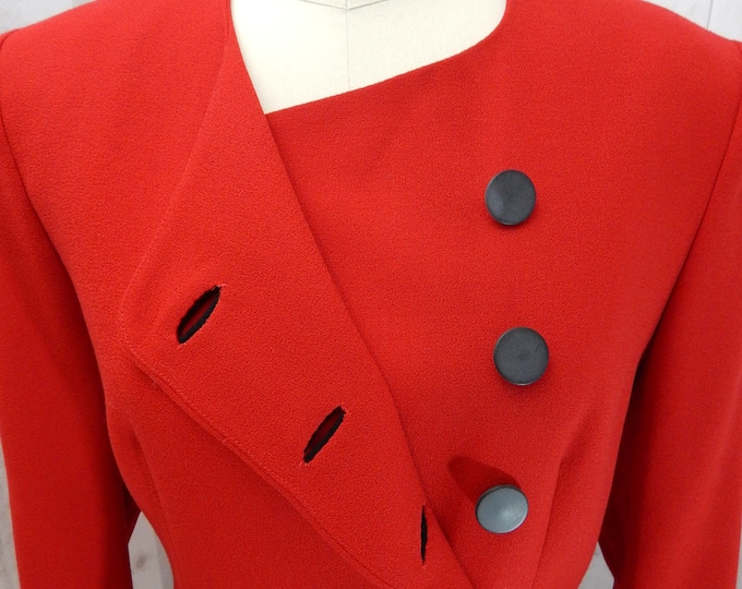 LILLI ANN 1970s Vintage Wool Jacket~ Cherry Red Coat 1980s Dbl Breasted L/XL