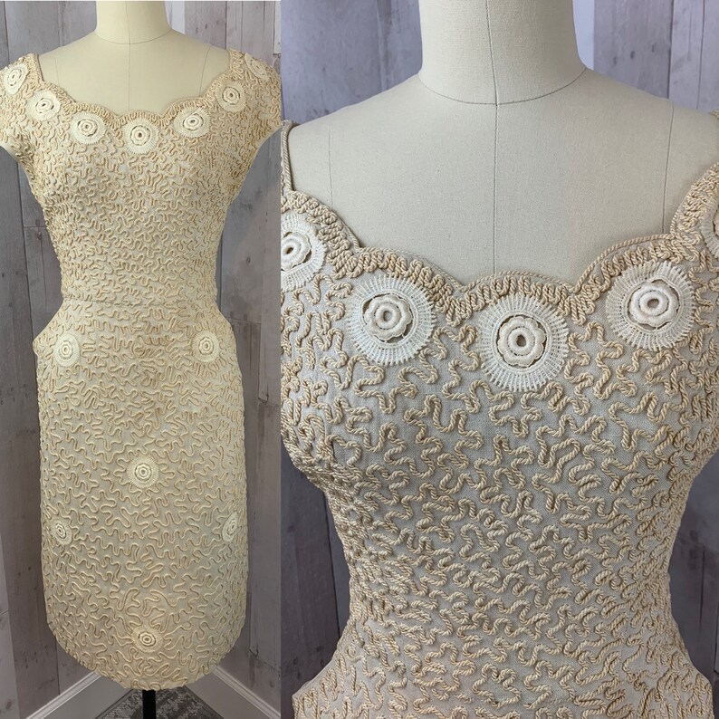 Vintage 1940s Ivory Linen Soutache Cocktail Party Dress Pinup Wiggle Med