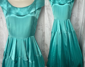 1930s Antique Art Deco Gown~Satin Brocade Turquoise Blue Vintage Dress 1940s Small