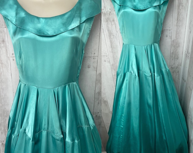 1930s Antique Art Deco Gown~Satin Brocade Turquoise Blue Vintage Dress 1940s Small