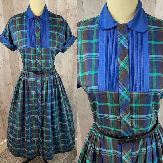 1950s Vintage Cotton Frock Blue & Green Plaid “Be… - image 1