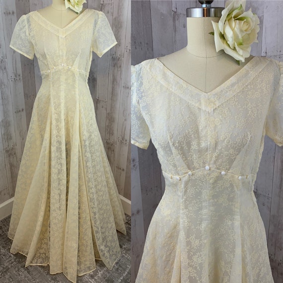 1940s Antique Wedding Gown-Sheer Flocked 2/Small
