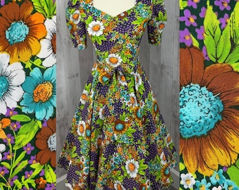 1970s Vintage Dress Colorful Floral Chiffon A-line Garden Frock 1960s S/XS