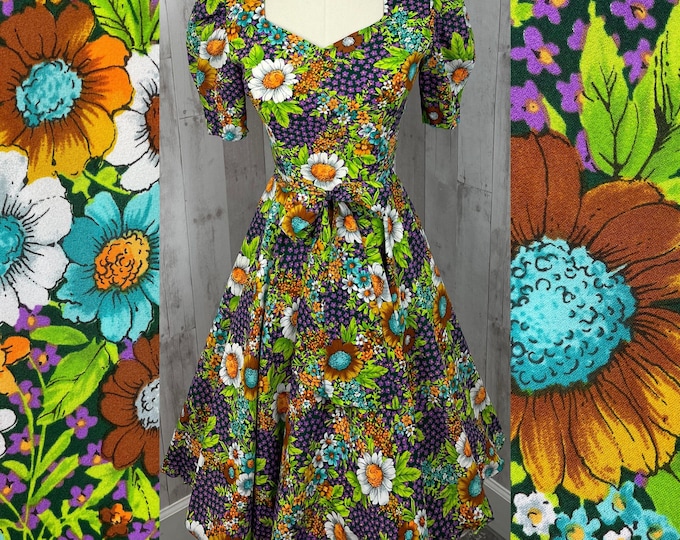 1970s Vintage Dress Colorful Floral Chiffon A-line Garden Frock 1960s S/XS