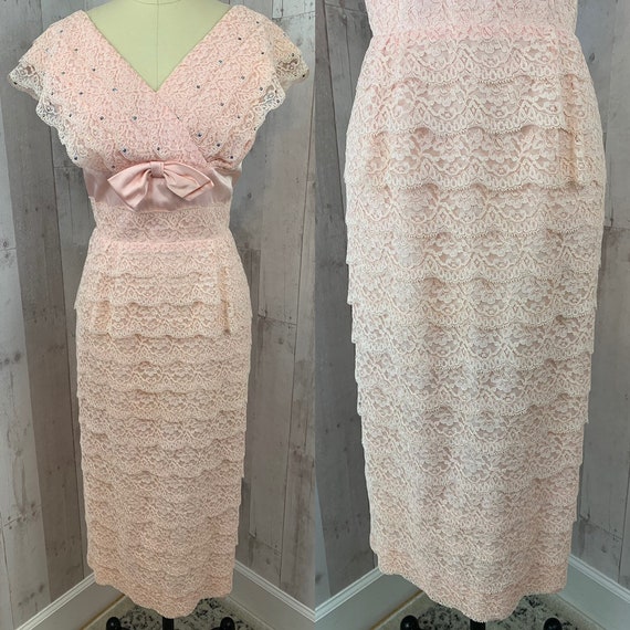 1950s Vintage Party DRESS~Pink Layered Lace w/Rhi… - image 2