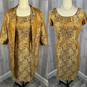 1950s Vintage 2PC Dress & Duster Coat Gold/Copper Satin Lining Style~M/L