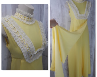 EMMA DOMB 1960s Vintage Jumpsuit~Lemon Yellow Chiffon One Piece Jumper S/M
