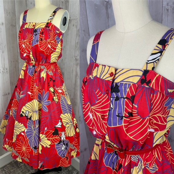 Vintage Dress c1970s Cherry Red Floral Cotton Sun… - image 2