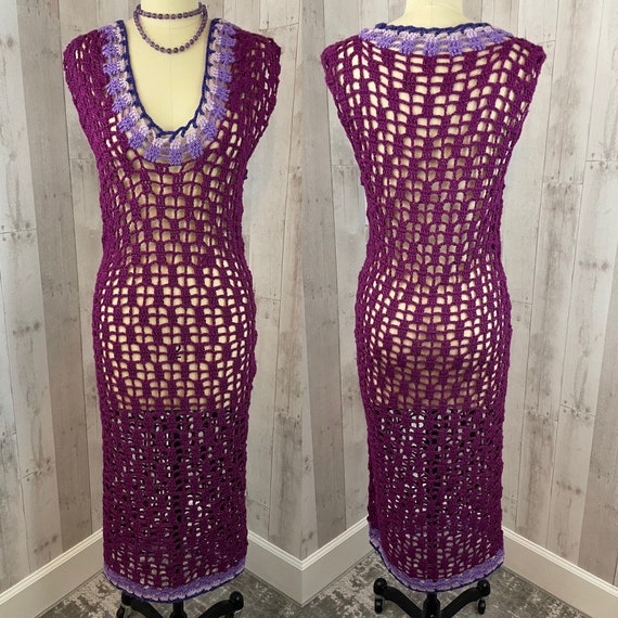 Vintage 1970s Dress Crochet Sheer GoGo Retro~Purp… - image 2