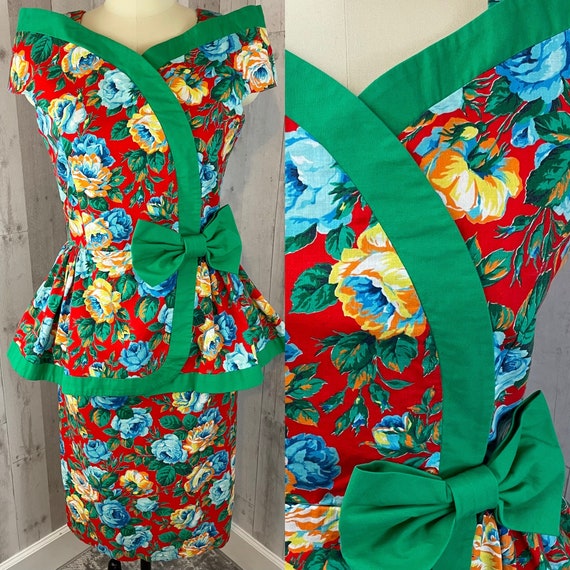 Vintage 1980s Peplum Dress~Stunning Bright Rose C… - image 6