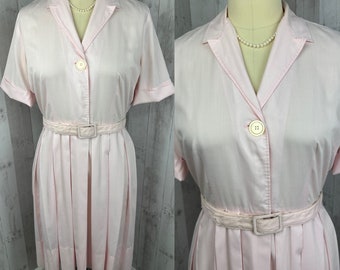 1950s Vintage Shirtdress DRESS~Pale Pink Floral Cotton Pockets L/XL