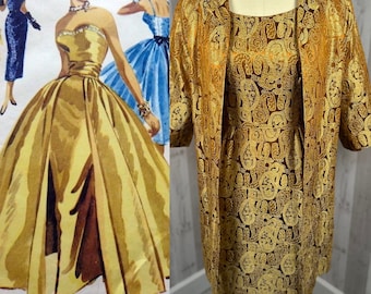1950s Vintage 2PC Dress & Duster Coat Gold/Copper Satin Lining Style~M/L
