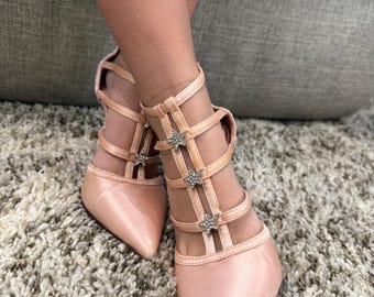 CHRISTIAN DIOR Vintage 1980s Strappy Pale Pink Rhinestone Hel 5.5