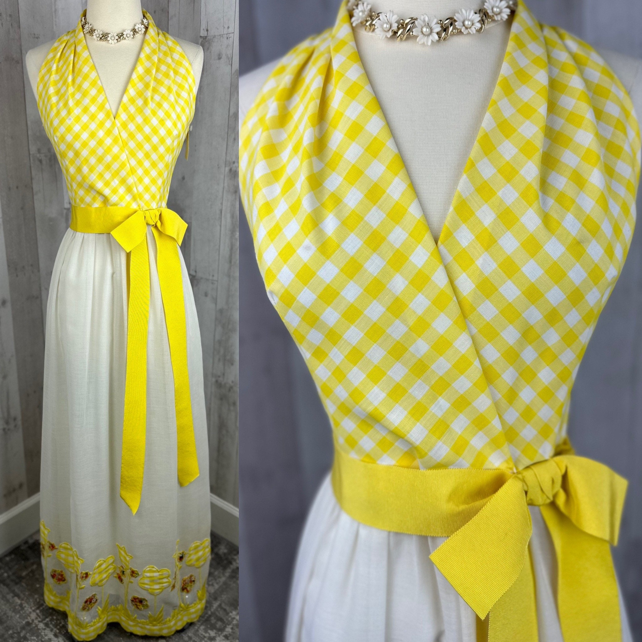 60s -70s Jewelry – Necklaces, Earrings, Rings, Bracelets 1970S Nos Vintage Party Dress Sheer Linen  Gingham Mod YellowWhite WFloral Appliqué Maxi Gown New Old Stock Sxs $225.00 AT vintagedancer.com