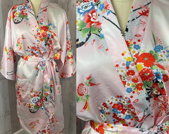 Vintage Robe Japanese Yukata 1980s Pale Pink Satin Floral Dressing Gown M/L Japan 42