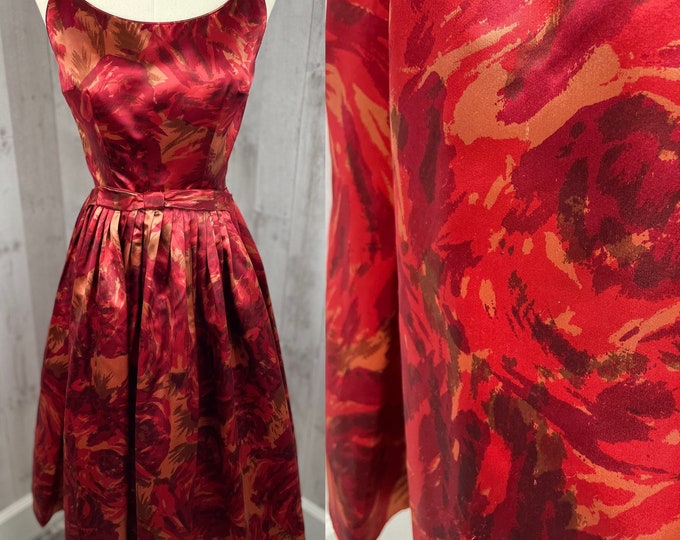 1950s Vintage Liquid Satin Aline Party Dress Red/Org/Copper S/2