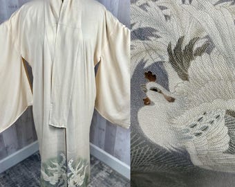 Vintage 1940s Japanese Cream Colored Silk Kimono Robe Dove Print 50" Chest 58" Length WOUNDED