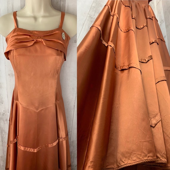 1930s Antique Liquid Satin Art Deco Gown Copper S