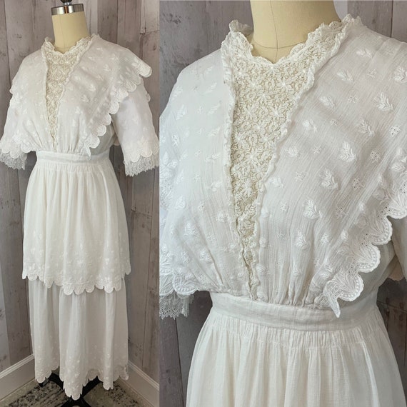 1900s-Antique White Edwardian Lawn DRESS Gown Tie… - image 1