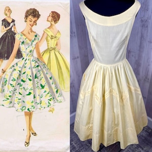1950s Vintage Frock Aline Dress Lemon Yellow Cotton Full Skirt Jrs / Small