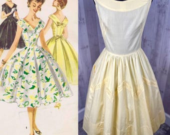 1950s Vintage Frock Aline Dress Lemon Yellow Cotton Full Skirt Jrs / Small
