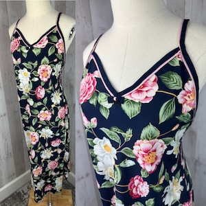 DIOR Vintage 1980s Miss Dior Floral Nightgown Navy Blue & Pink Large