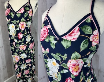 DIOR Vintage 1980s Miss Dior Floral Nightgown Navy Blue & Pink Large