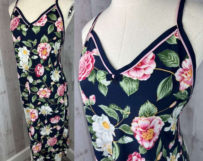 DIOR Vintage 1980s Miss Dior Floral Nightgown Navy Blue & Pink Large