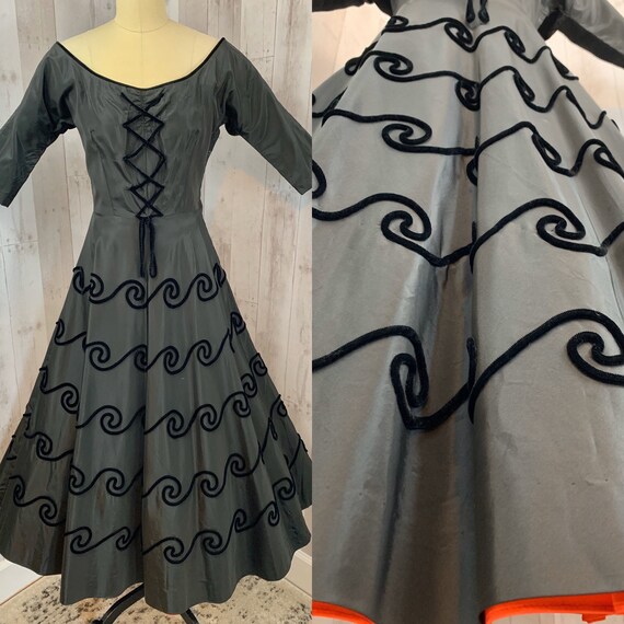 1940s Vintage DRESS Black Velvet Soutache Aline Pa